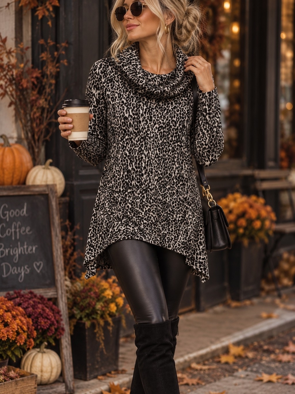 Philosophy Black & Cream Leopard Cowl Neck Tunic Sweater